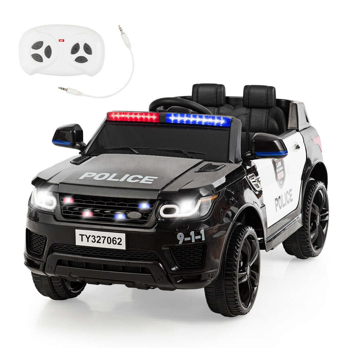 HoneyJoy 12V Kids Police Ride On Car with Remote Control, LED Lights, and Siren - Black