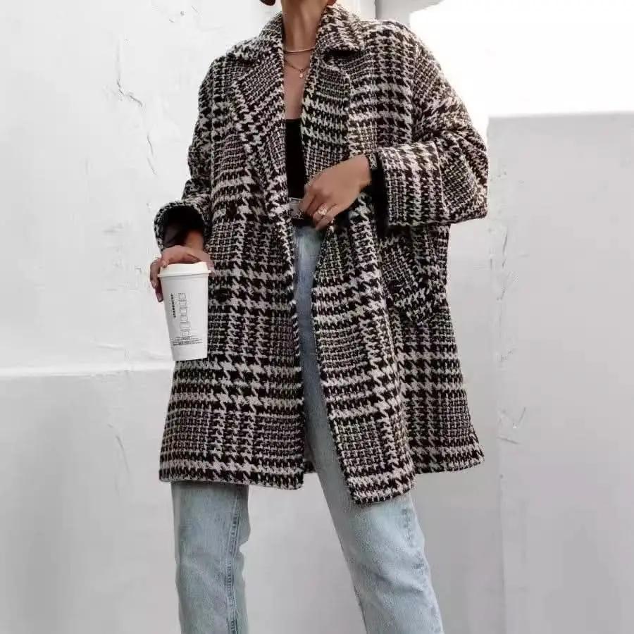 Trendsi Houndstooth Coat Women's Pocketed Jacket