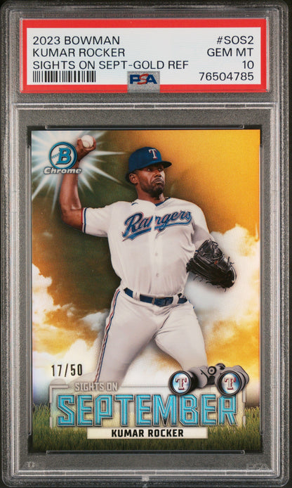 Graded 2023 Topps Bowman Kumar Rocker #SOS2 Sights on September Gold Refractor /50 Rookie RC Baseball Card PSA 10 Gem Mint