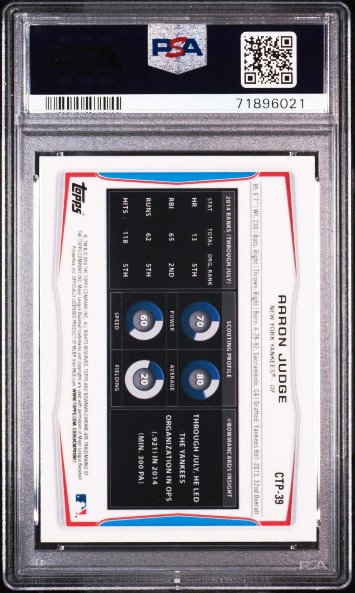 Graded 2014 Topps Bowman Draft Picks Aaron Judge #CTP39 Top Pros Chrome Rookie RC Baseball Card PSA 10 Gem Mint