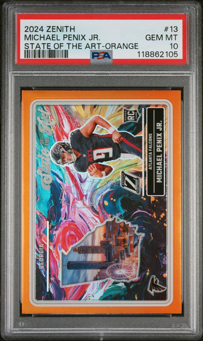 Graded 2024 Panini Zenith Michael Penix Jr #13 State of the Art Orange Rookie RC Football Card PSA 10 Gem Mint
