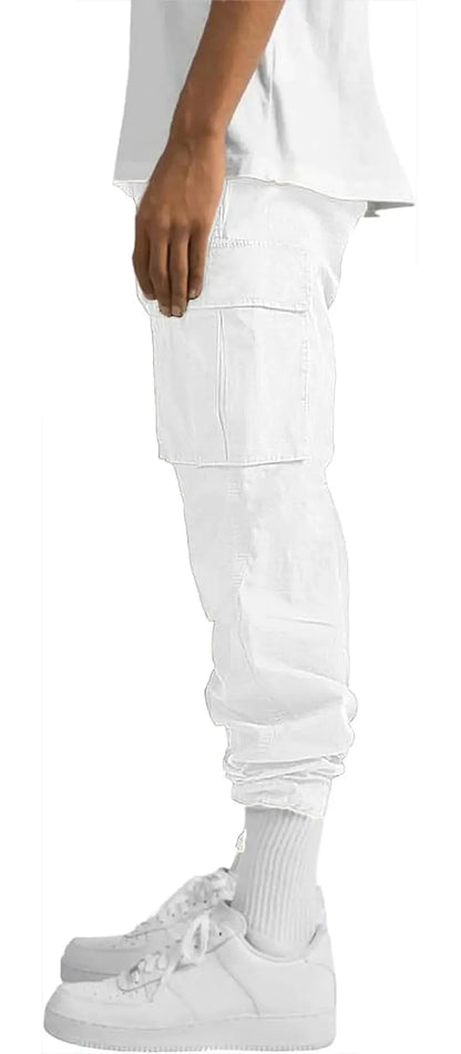 HUNGSON Boys Mens Cargo Pants Casual Hiking Pants Joggers Athletic Pants Cotton Loose Straight Sweatpants for Boys Men 28 White