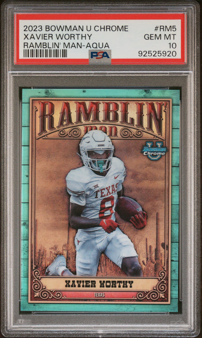 Graded 2023 Topps Bowman University Xavier Worthy #RM5 Ramblin Man Aqua #/150 Rookie RC Football Card PSA 10 Gem Mint