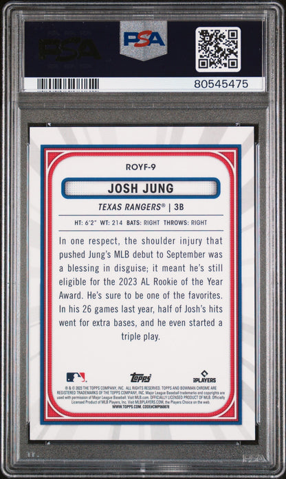 Graded 2023 Topps Bowman Chrome M/B Josh Jung #9 ROY Favorites Purple Refractor #/250 Rookie RC Baseball Card PSA 10 Gem Mint