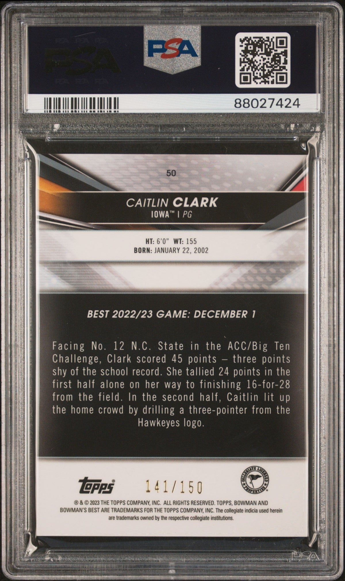Graded 2022 Topps Bowman University Best Caitlin Clark #50 Blue Refractor #/150 Rookie RC Basketball Card PSA 10 Gem Mint
