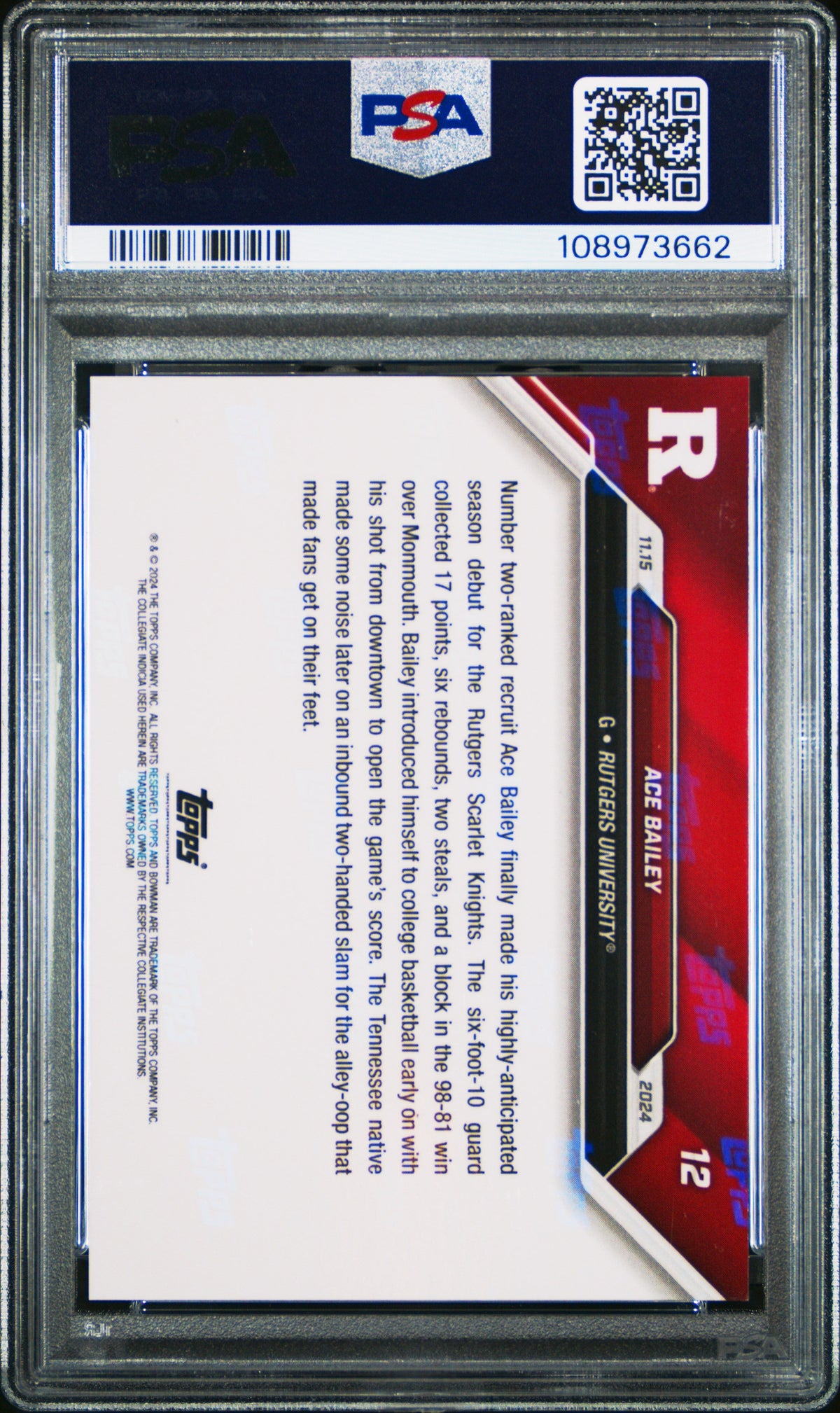 Graded 2024 Topps Bowman U Now Ace Bailey #12 Rookie RC Basketball Card PSA 9 Mint