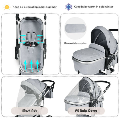 Folding Aluminum Infant Reversible Stroller with Diaper Bag-Gray