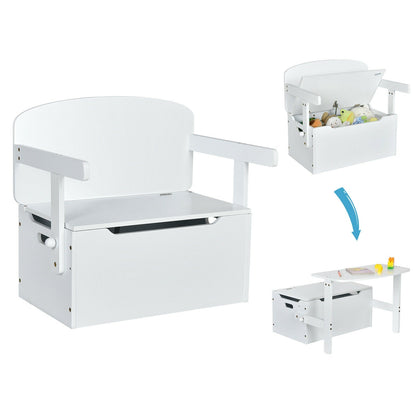 3-in-1 Kids Convertible Storage Bench Wood Activity Table and Chair Set-White