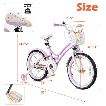 18 Inch Kids Adjustable Bike with Training Wheels-Purple