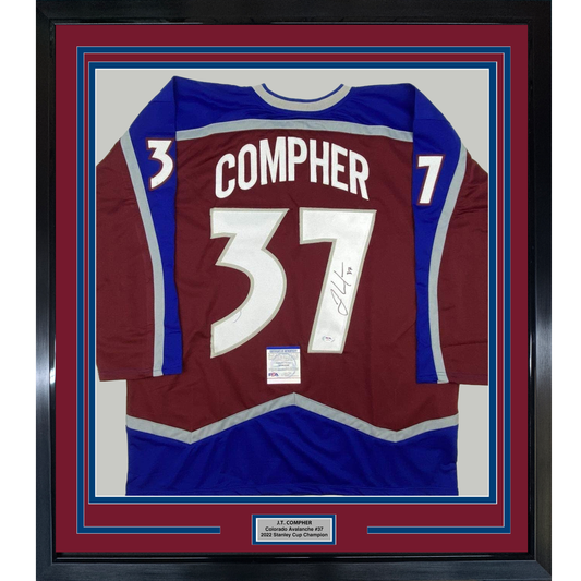 Framed Autographed/Signed JT J.T. Compher 35x39 Colorado Maroon Hockey Jersey PSA/DNA COA