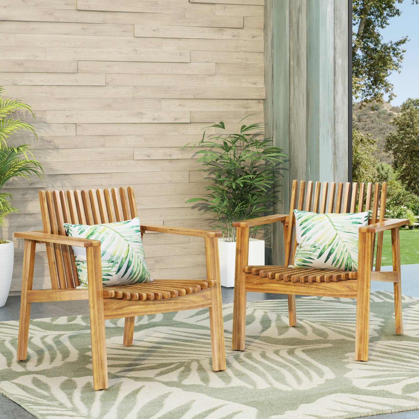 Outdoor Acacia Wood Slatted Club Chairs, Set of 2, Teak Finish