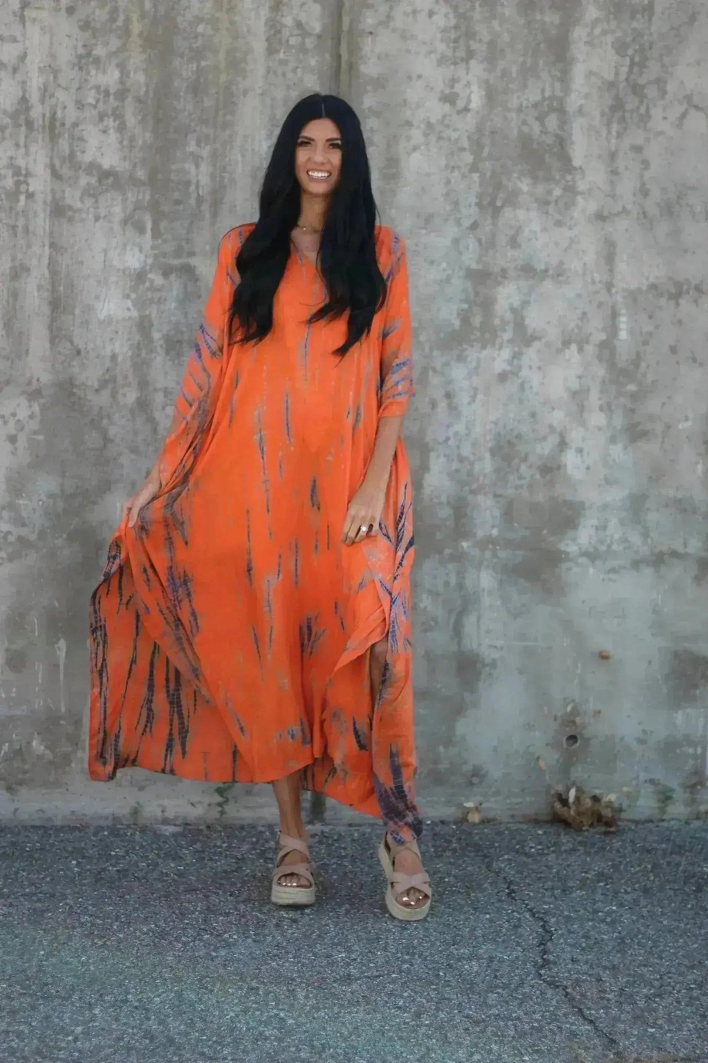Hand-Dyed Tie-Dye Orange Maxi Kaftan Dress with Pockets – Loose Fit,
