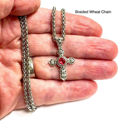 Sterling Silver Cross Necklace with Ruby or Blue Topaz