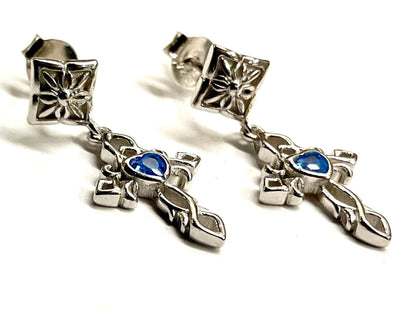 Sterling Silver Cross Dangle Earrings with Blue CZ