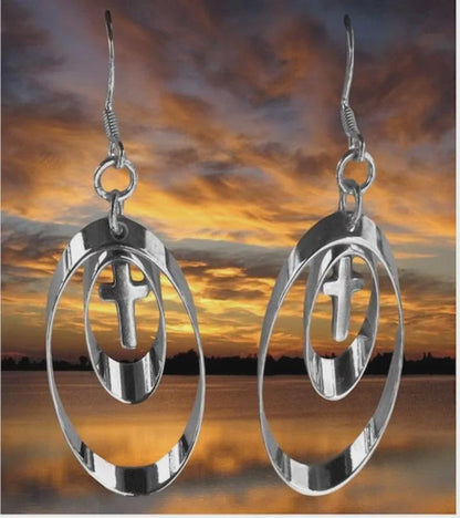 Sterling Silver 2-Hoop Cross Shadow Box Dangle Earrings