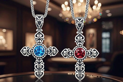 Sterling Silver Cross Necklace with Ruby or Blue Topaz