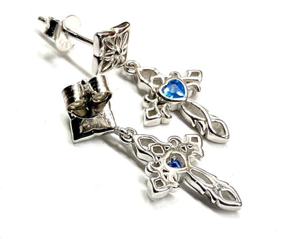 Sterling Silver Cross Dangle Earrings with Blue CZ