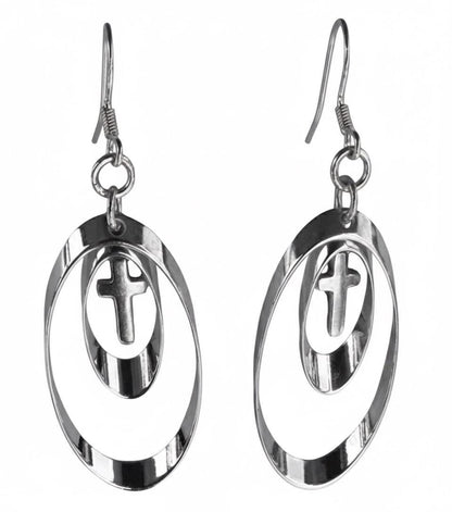 Sterling Silver 2-Hoop Cross Shadow Box Dangle Earrings
