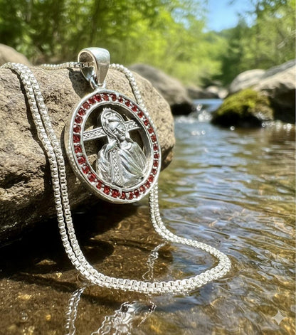 Sterling Silver Jesus via Dolorosa Necklace with Red CZ
