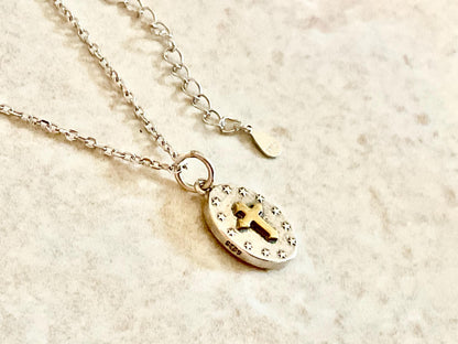 Oval Sterling Silver Reversible Cross & Virgin Mary Necklace