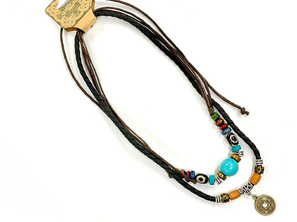 Brass Cross Leather Necklace, Boho Turquoise Crucifix Choker