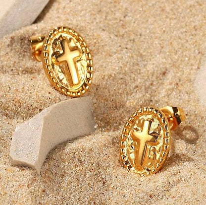 Gold Oval Cross Stud Earrings, Waterproof Stainless Steel Posts