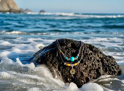 Brass Cross Leather Necklace, Boho Turquoise Crucifix Choker