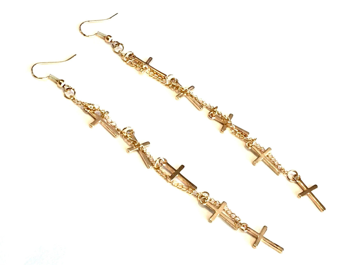 Gold Five Cross Long Dangle Chain Earrings