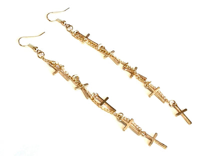 Gold Five Cross Long Dangle Chain Earrings