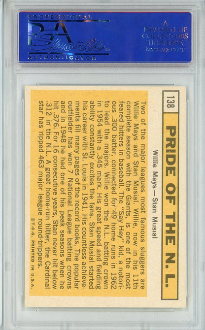 Graded 1963 Topps Pride of NL Willie Mays Stan Musial #138 Baseball Card PSA 7 Near Mint