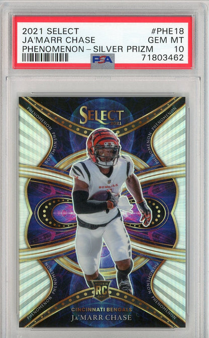 Graded 2021 Panini Select Ja'Marr Chase #PHE18 Phenomenon-Silver Prizm Rookie RC Football Card PSA 10 Gem Mint