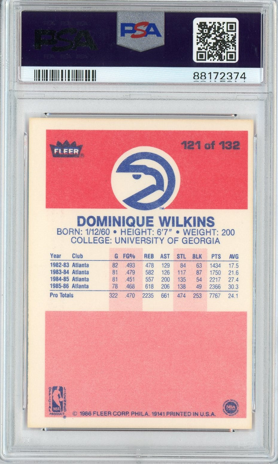Graded 1986 Fleer Dominique Wilkins #121 Rookie RC Basketball Card PSA 6 EX-MT