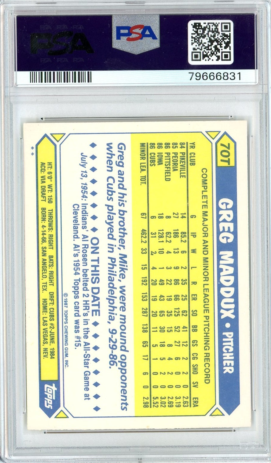 Graded 1987 Topps Traded Greg Maddux #70T Rookie RC Baseball Card PSA 9 Auto Grade Mint