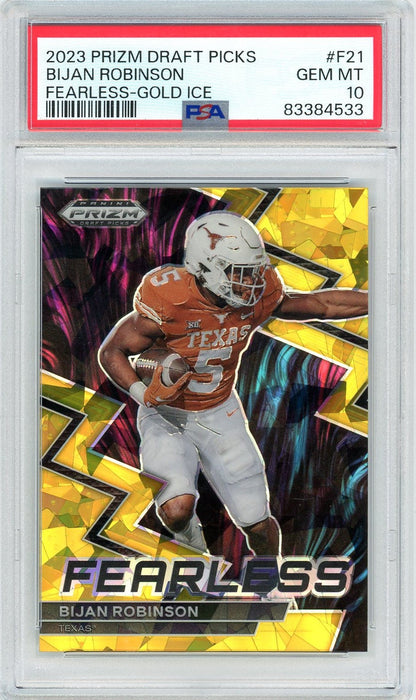 Graded 2023 Panini Prizm Bijan Robinson #F21 Fearless-Gold Ice Rookie RC Football Card PSA 10 Gem Mint