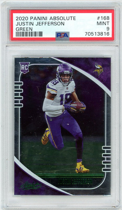 Graded 2020 Panini Absolute Justin Jefferson #168 Green Rookie RC Football Card PSA 9 Mint