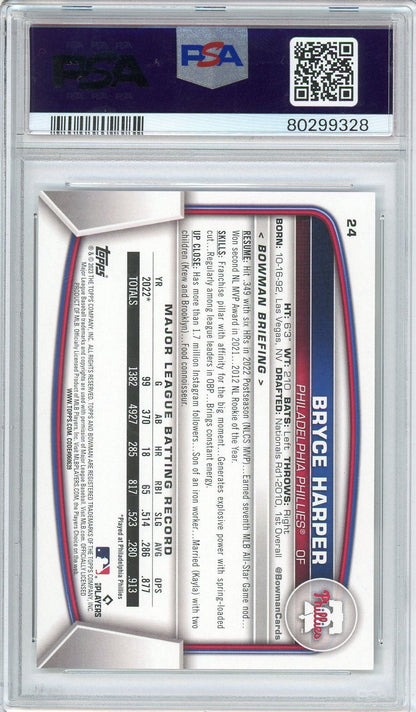 Graded 2023 Bowman Bryce Harper #24 Baseball Card PSA 10 Gem Mint