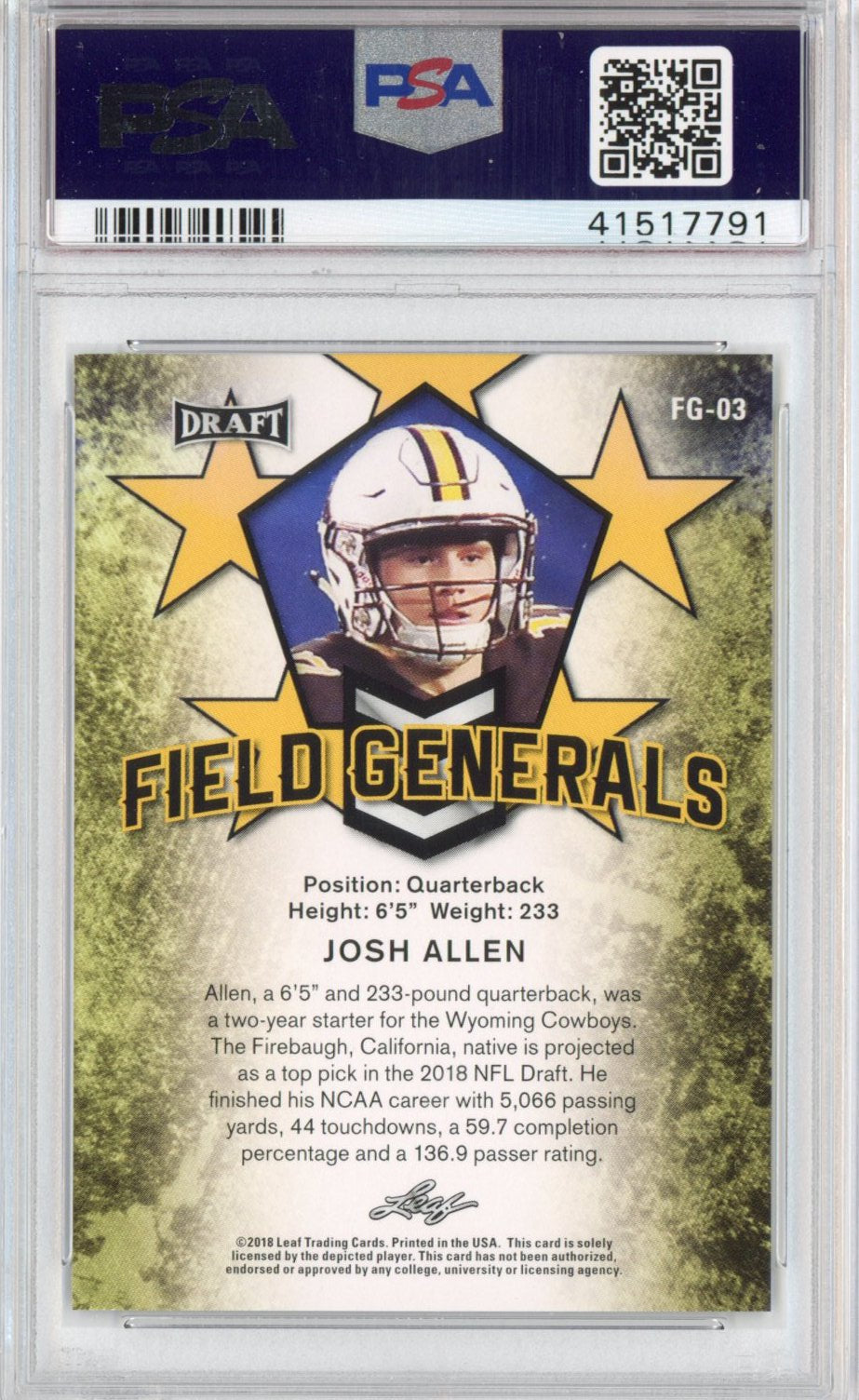 Graded 2018 Leaf Draft Josh Allen #FG-03 Field Generals Rookie RC Football Card PSA 10 Gem Mint