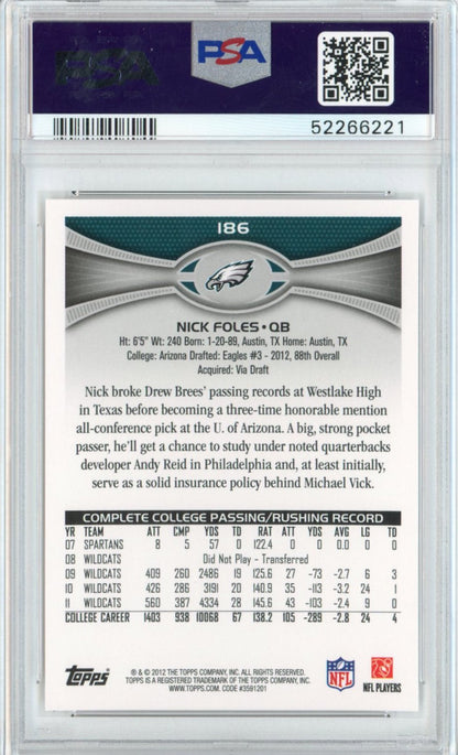 Graded 2012 Topps Nick Foles #186 Passing Left Hand Up Rookie RC Football Card PSA 10 Gem Mint