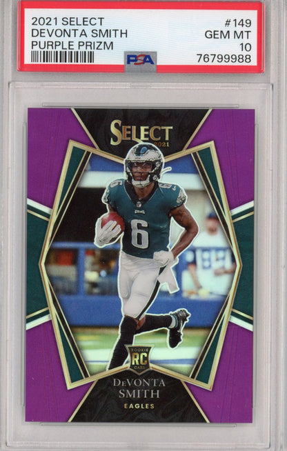 Graded 2021 Panini Select Devonta Smith #149 #/75 Purple Prizm Premier Level Rookie RC Football Card PSA 10
