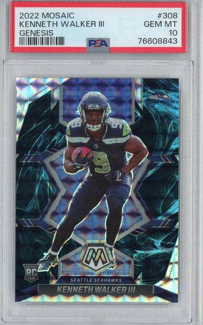 Graded 2022 Panini Mosaic Kenneth Walker III #308 Genesis Prizm Rookie RC Football Card PSA 10 Gem Mint