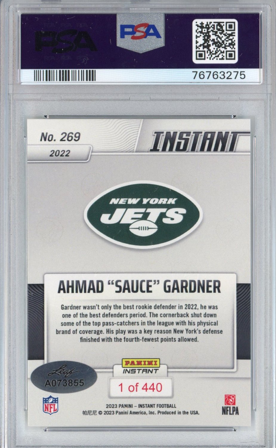 Graded 2022 Panini Instant Ahmad Sauce Gardner #269 Rookie RC Football Card PSA 8 Auto 10