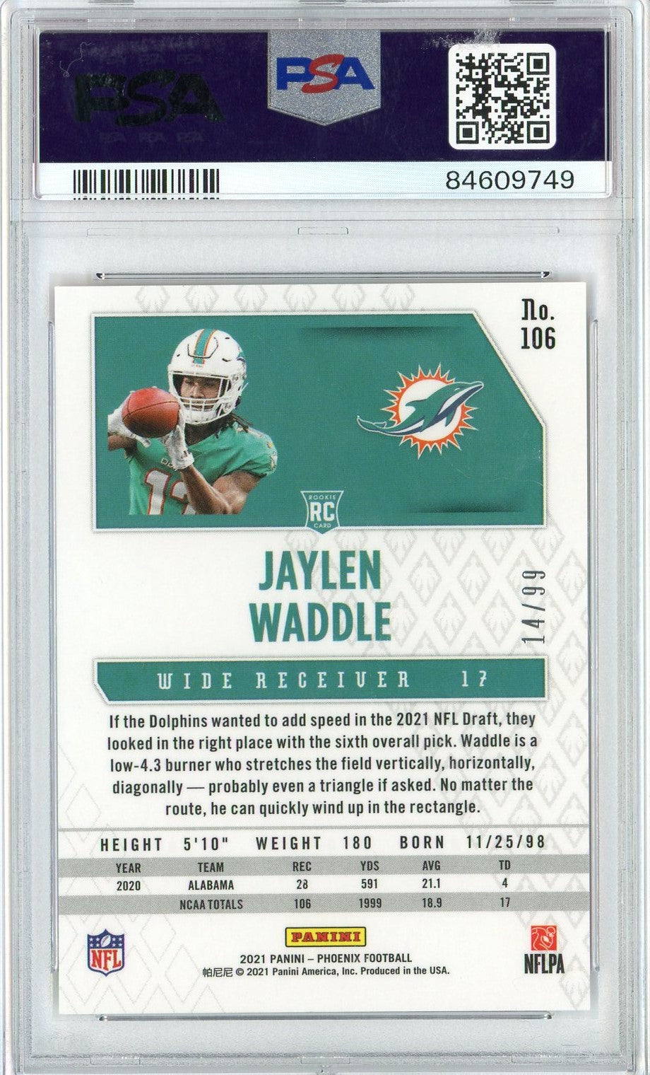 Graded 2021 Panini Phoenix Jaylen Waddle #106 Orange Lazer Rookie RC Football Card PSA 10 Gem Mint