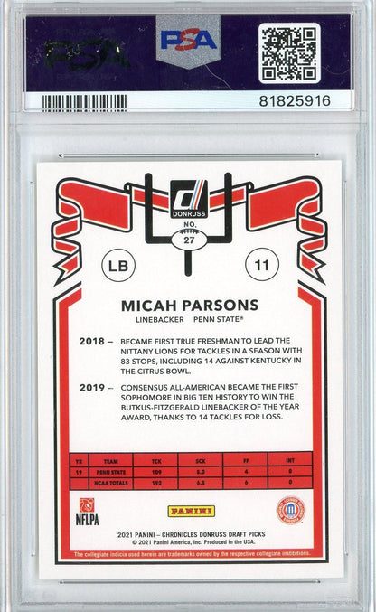 Graded 2021 Panini Chronicles DP Micah Parsons #27 Rookie RC Football Card PSA 10 Gem Mint