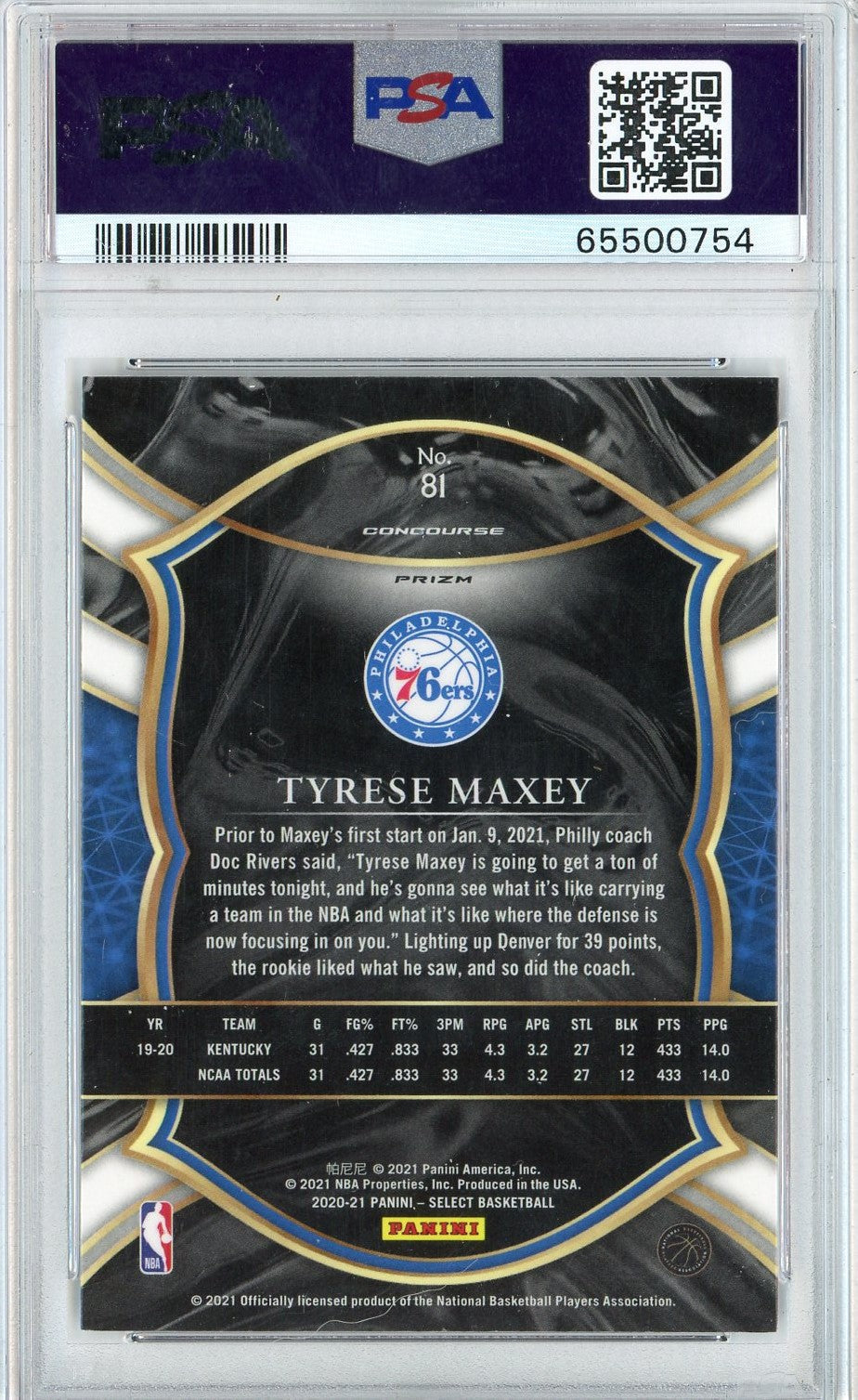 Graded 2020 Panini Select Tyrese Maxey #81 Tri Color Prizm Rookie RC Basketball Card PSA 10 Gem Mint