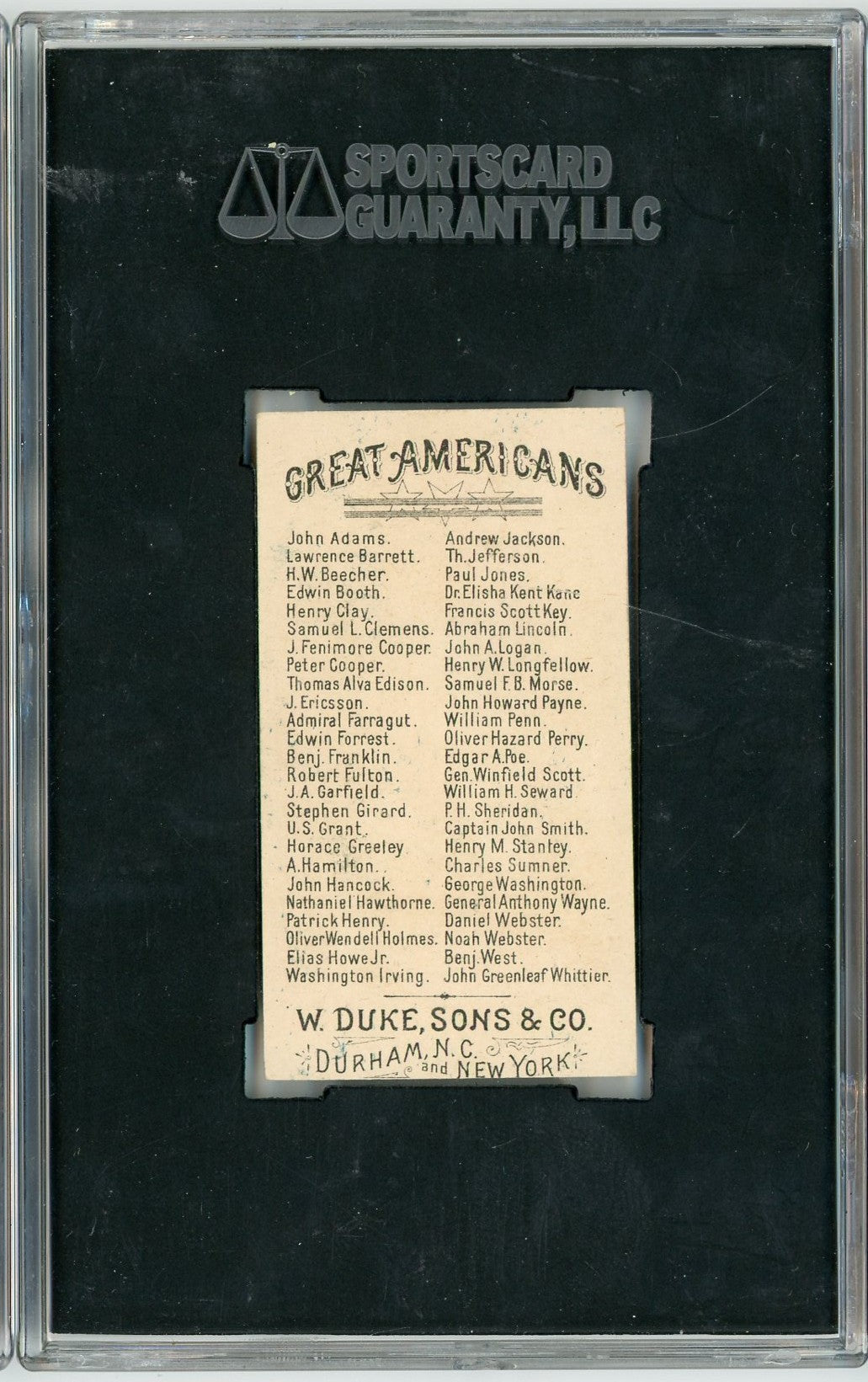 Graded 1888 N76 W. Duke, Sons & Co. Great Americans #CS Charles Sumner Baseball Tobacco Card SGC 4