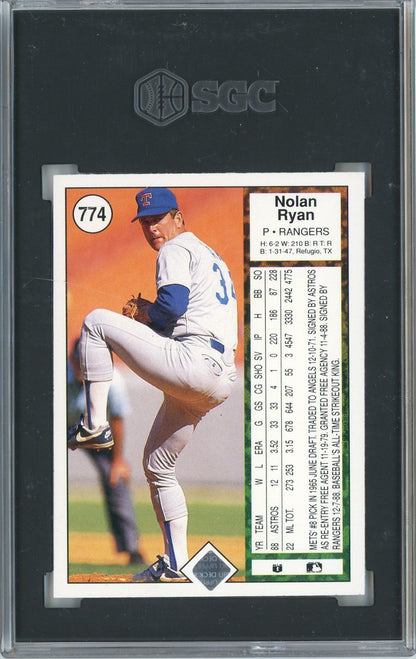 Graded 1989 Upper Deck Nolan Ryan Throwing Football #774 Baseball Card SGC 9 Mint
