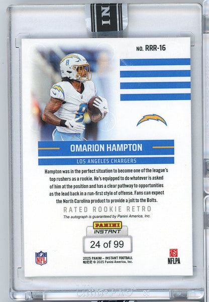 2025 Panini Instant NFL Omarion Hampton #16 Rated Retro Rookie Auto /99 Los Angeles Chargers Rookie RC Football Card