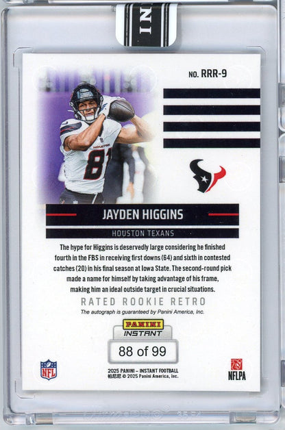 2025 Panini Instant NFL Jayden Higgins #9 Rated Retro Rookie Auto /99 Houston Texans Rookie RC Football Card