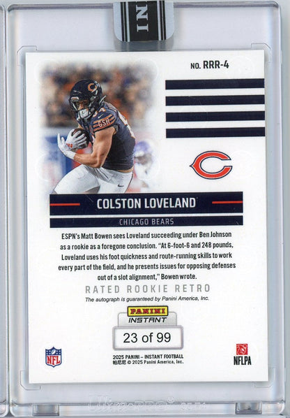 2025 Panini Instant NFL Colston Loveland #4 Rated Rookie Retro Auto /99 Chicago Bears Rookie RC Football Card