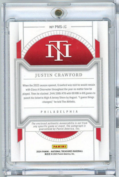 2024 Panini National Treasures Justin Crawford #PMSJC /49 Rookie Patch Auto Rookie RC Baseball Card